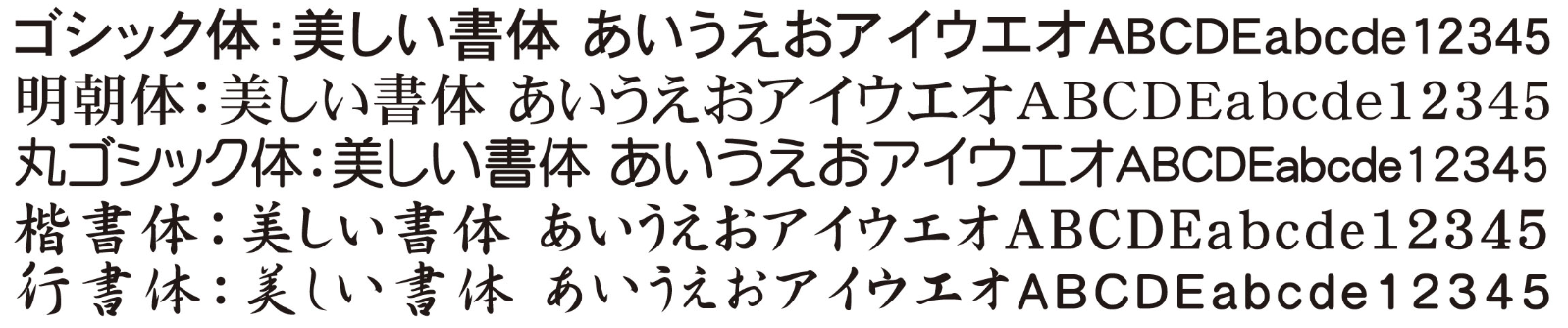 ゴシック体、明朝体、丸ゴシック体、楷書体、行書体の書体見本